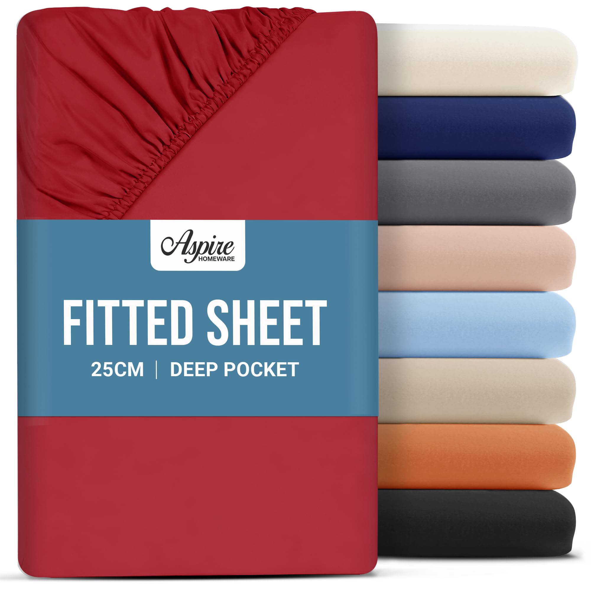 Aspire Homeware Red Double Fitted Sheet - 25 Cm Deep Hotel Quality (Red) Bed Sheets - Soft & Breathable Fitted Bed Sheets Double - Anti-Wrinkle Easy Care Fitted Sheets