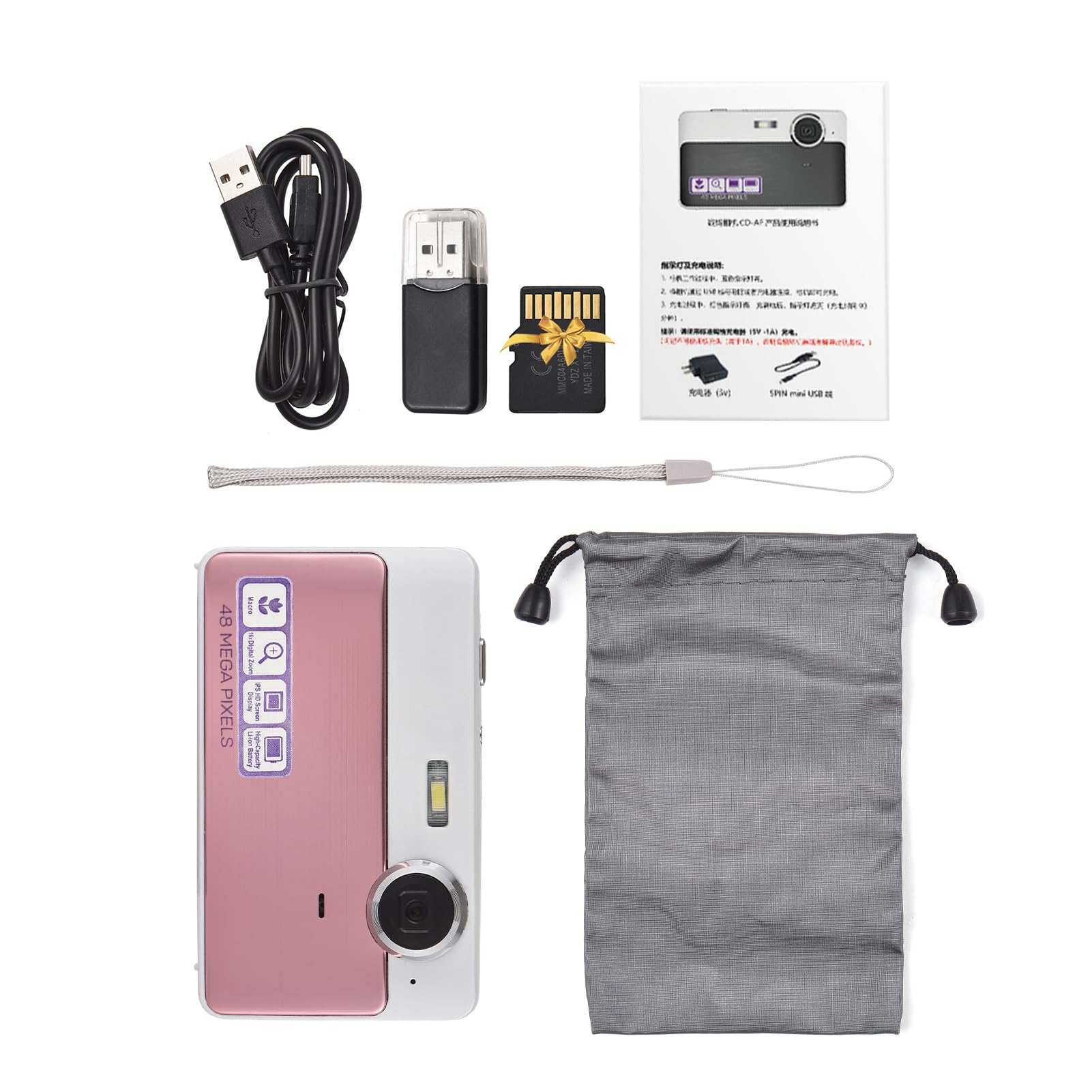 Aparat cyfrowy 1080p 48MP Dzieci Kamera wideo 2,4 -calowa ekran Auto Focus 16x Zoom Wbudowany w baterię 32 GB karta TF Czytnik USB Urodzin Birth Black Pink (Różowy)