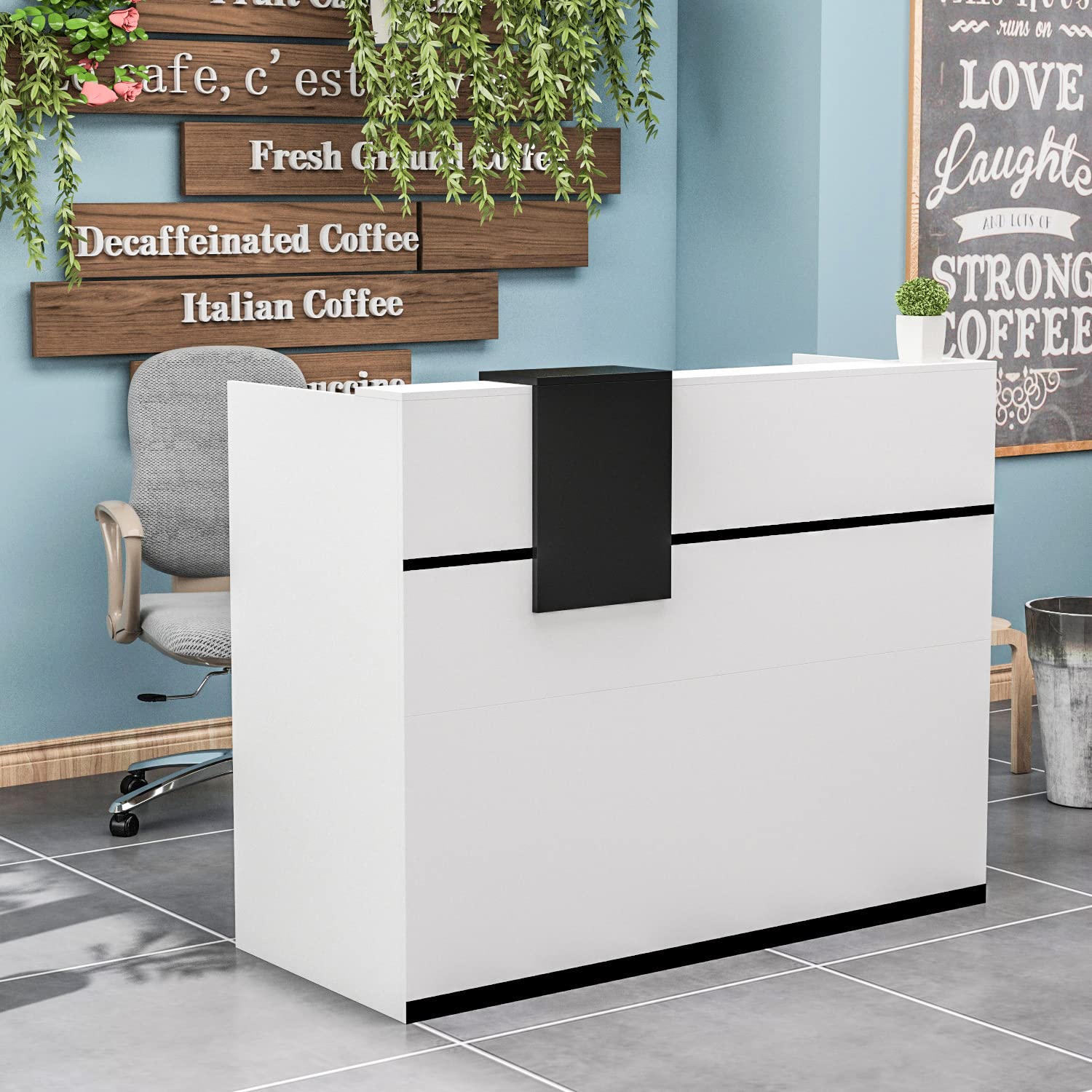 Banco di reception, banchi di reception, banchi di ricevimento, bancone con cassetti e armadi chiudibili, bancone con ripiani aperti regolabili, 140 x 60 x 110 cm, MDF