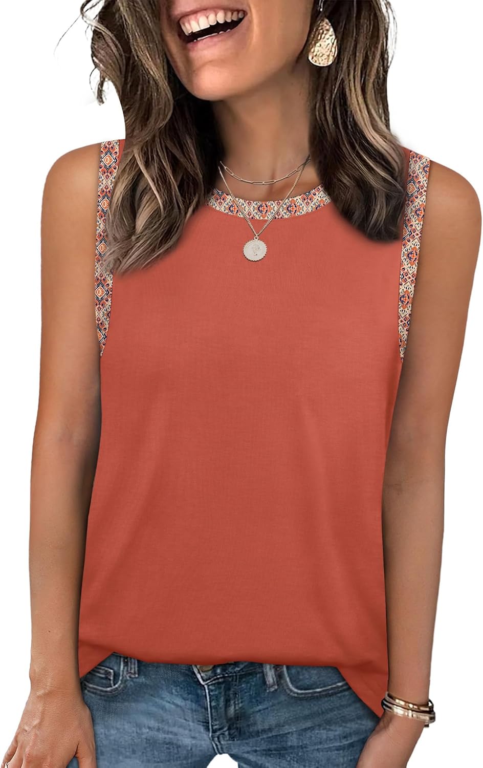 Sampeel Tank Tops for Women Round Neck Boho Color Block Sleeveless Tops Summer Beach Vacation Clothes Curved Hem - Image 2