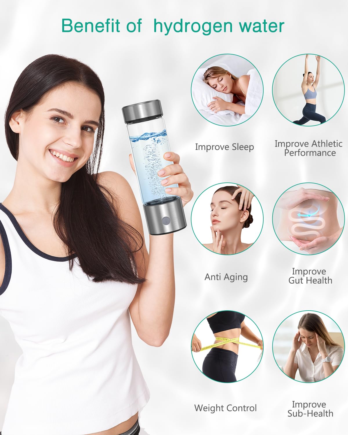 ORIA Bouteille Hydrogène Portable 460 ml, Technologie SPE/PEM | Électrolyse Rapide en 3 Min, Verre 1600 PPB, pour Bureau, Salle de Sport, Voyages