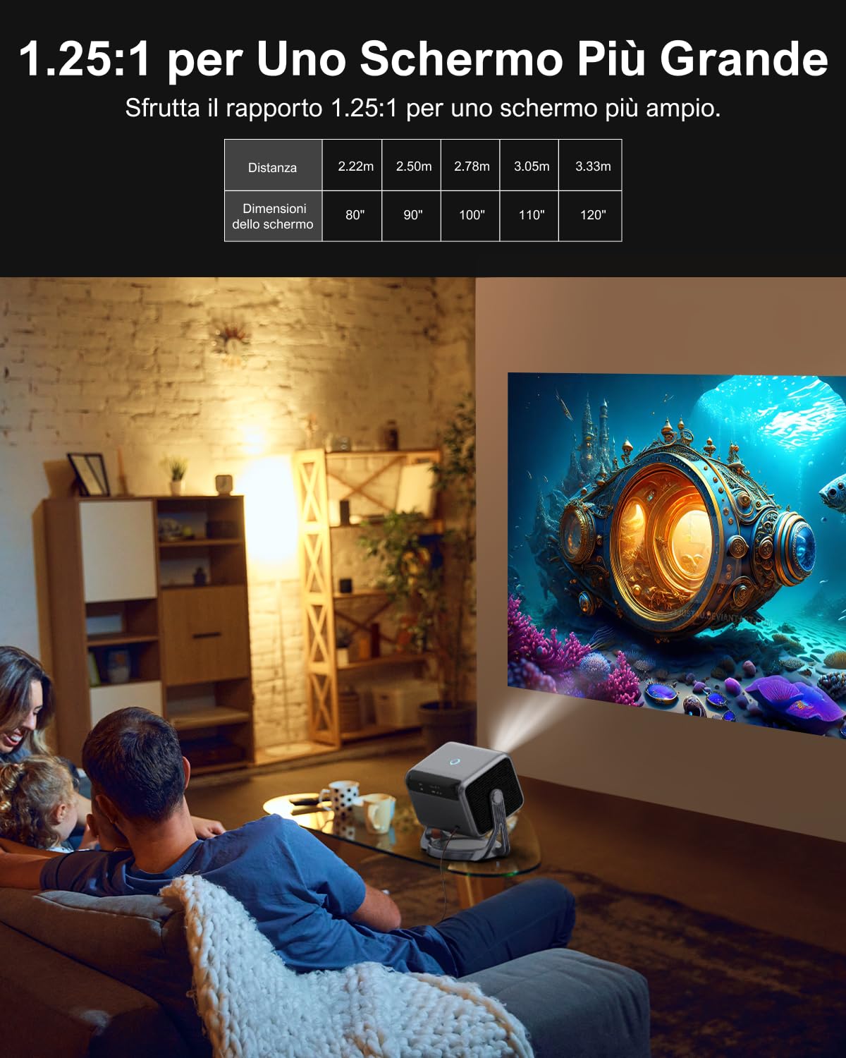 ULTIMEA Proiettore con Dolby Audio, Supporto 4K, Proiettore Portatile per Android TV 11.0, Presenta un Design Autonomo e un Gimbal a 90°, 600 ANSI Lumen, Bluetooth, Nova C40