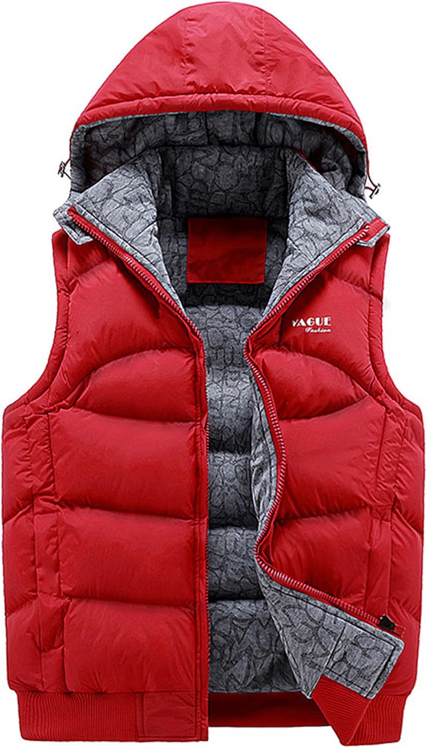 Men’s Winter Hooded Vest Removable Hood Couples Vest Quilted Padded Sleeveless Jacket Warm Color Block Outerwear