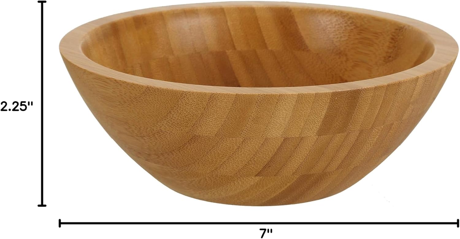 Lawei Set of 4 Bamboo Salad Bowls - 7 x 2.25 Inch Wood Serving Bowls Individual Meal Bowls Fruits, Salad, Pasta, Cereal, Rice and Snacks