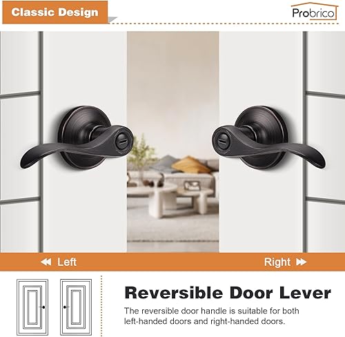 Miniatura 29 de Probrico - Paquete de 10 manillas de privacidad para puerta de dormitorio y baño, estilo ondulado, con palancas de níquel satinado.