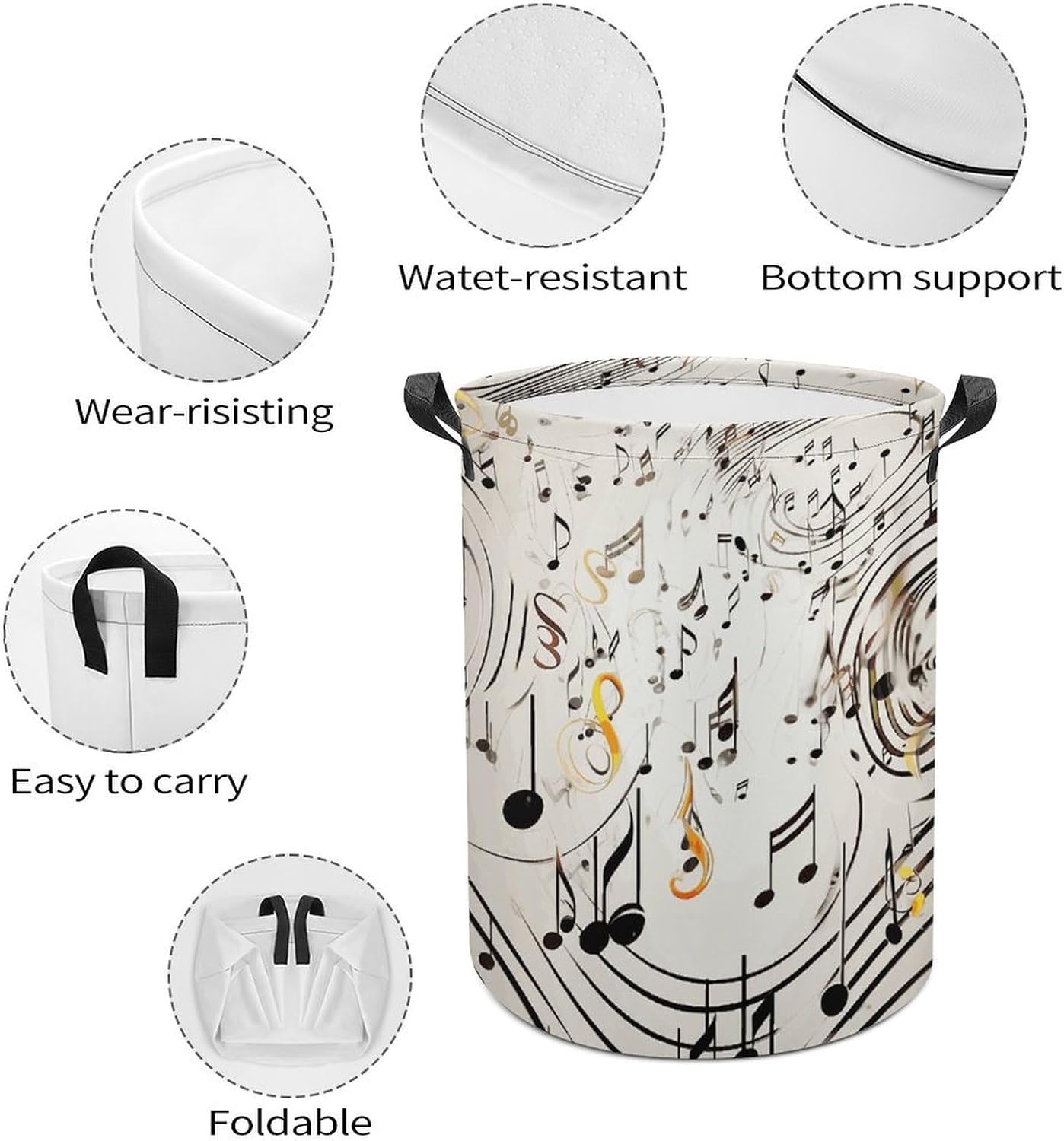 Music Notes Print Laundry Basket with Handles, Freestanding Laundry Hamper for Bathroom, Foldable Clothes Hamper 44x35cm for Bedroom, Large Capacity Storage Bin for Laundry Room image 4