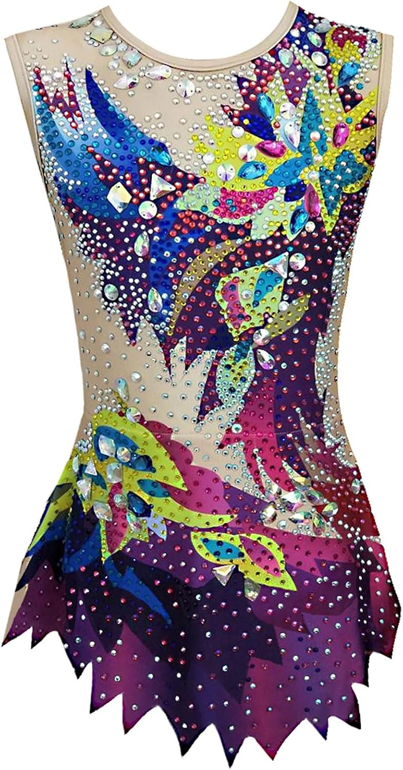 Sleeveless Artistic Gymnastics Leotard for Women, Multicolor Print Rhinestone Backless Performance Wear