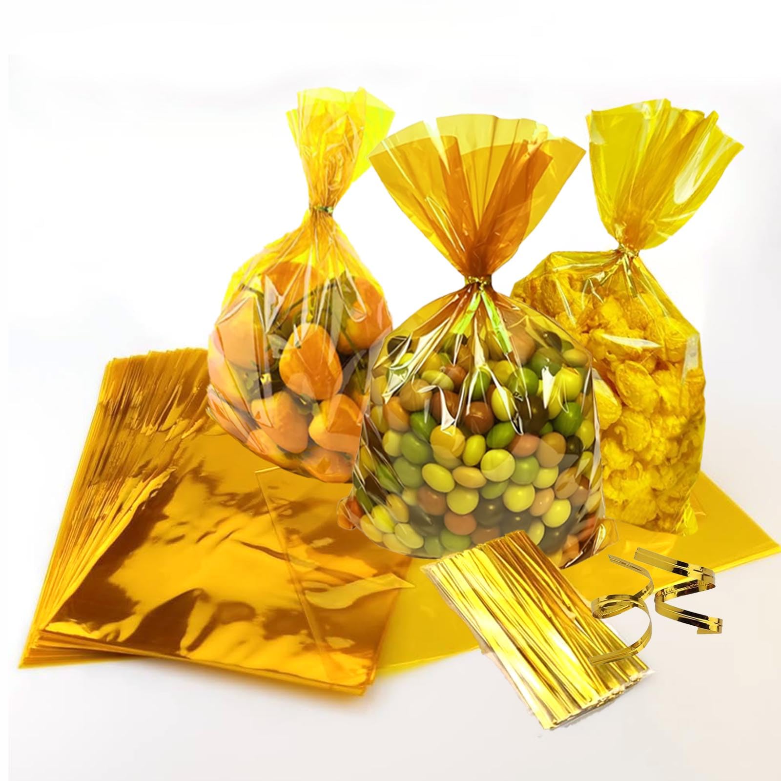 prxififeq Yellow Cellophane Treat Bags with Gold Twist Ties, 100PC 6x9 inches (15x23 cm) Clear Cellophane Bags for Candy,Cookies Treats and Gifts,
