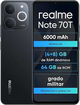 realme Note 70T, 4+64 GB Smartphone, Pantalla Eye Comfort de 6,75'' y 90Hz, Batería De 6000mAh, Protección Armorshell, Chipset de Ocho Núcleos, Ultrafino de 7,94mm, IP54, Negro Obsidiana, Sin Cargador