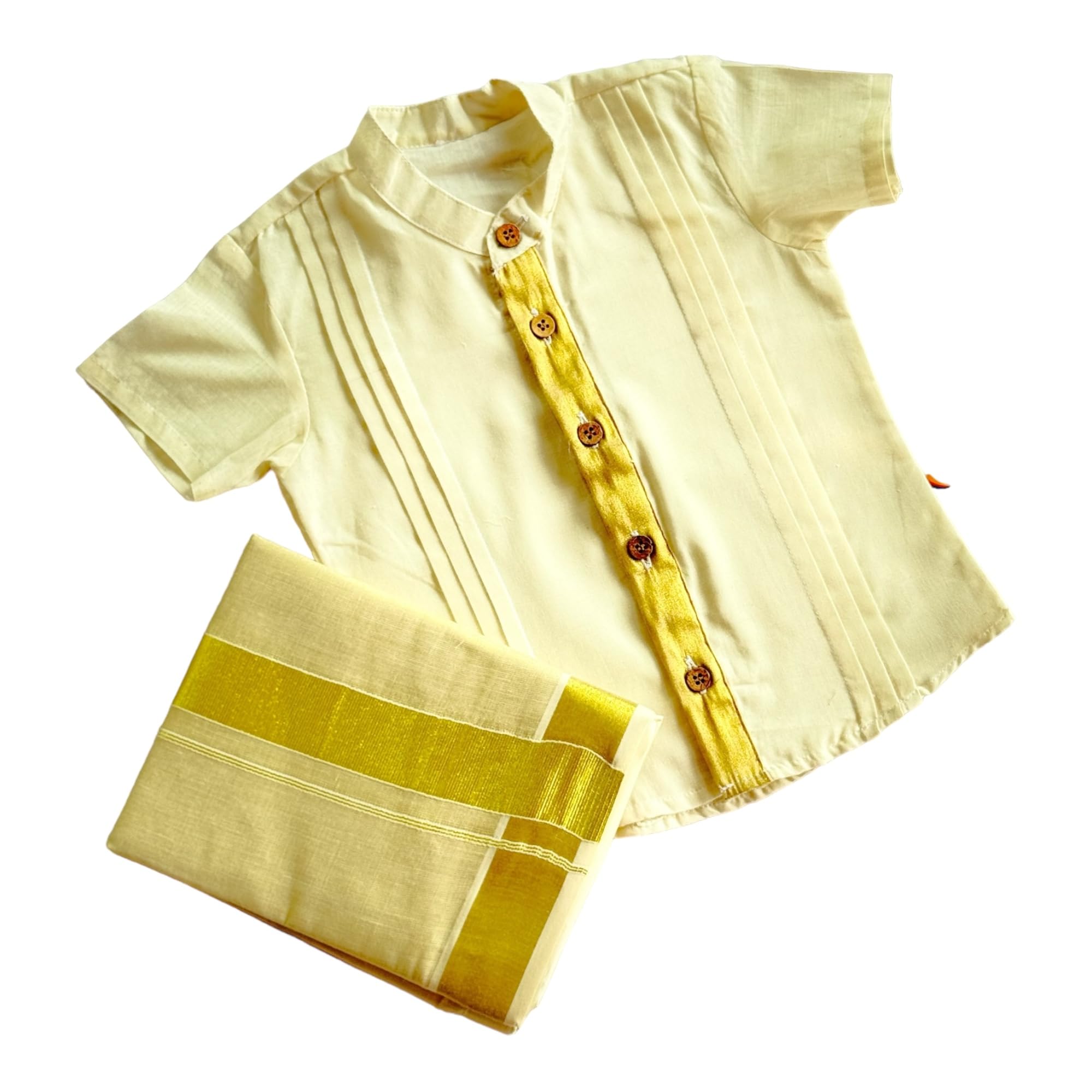 Picksparrow Baby Boy Kerala Cotton Kasavu Shirt with Traditional Dhoti/Mundu (Pintucks-Tissue) (0-6 Months, Offwhite), Printed - Image 2 thumbnail