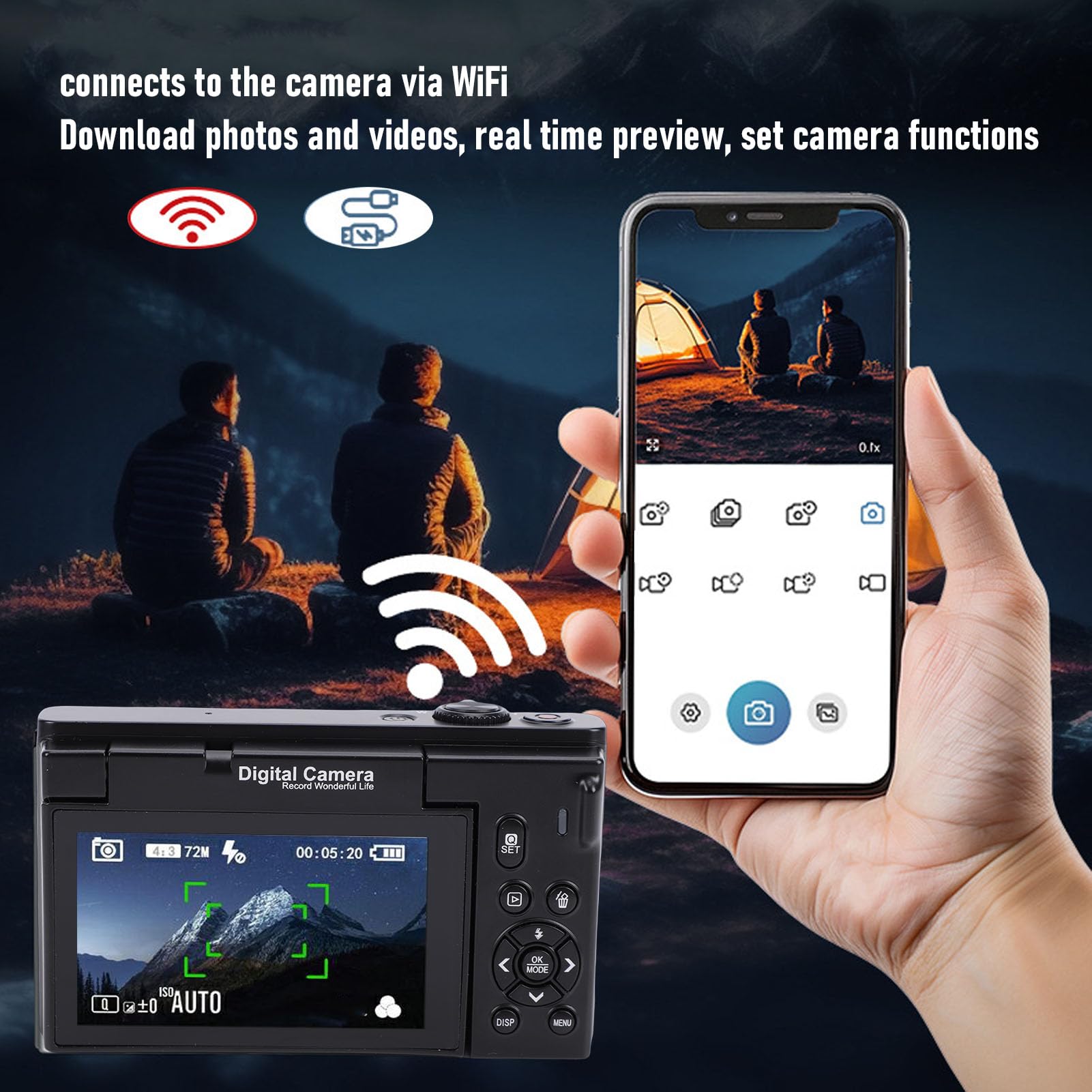 Sxhlseller Fotocamera Digitale 4K per Fotografia, Videocamera WiFi da 75 MP con Schermo Ribaltabile da 3,0 Pollici, Zoom 18x Autofocus WiFi Fotocamere da Viaggio Funzione di Abbellimento (Black)