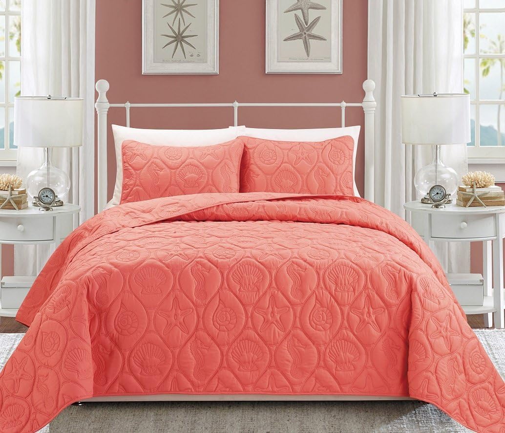 Grand Linen 3-Piece Tropical Coast Seashell Beach Queen/Full Bedspread Coral Pink Coverlet Embossed Bed Cover Set. Sea Shells, Sea Horse, Starfish etc.