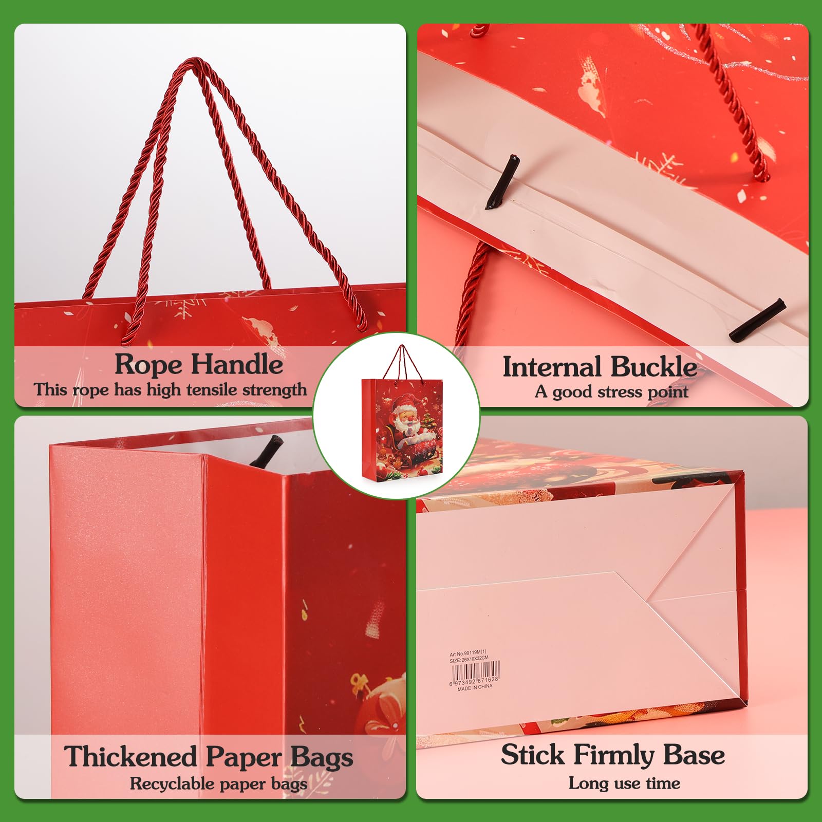 Rusikia 12 Christmas Gift Bags with 12 Tissues and 1 Satin Ribbon, Red Party Favor Bags Bulk with Handles, Glittery Cute Tree Father Christmas Paper Bag for Wrapping Holiday (Large 16"x12"x5")