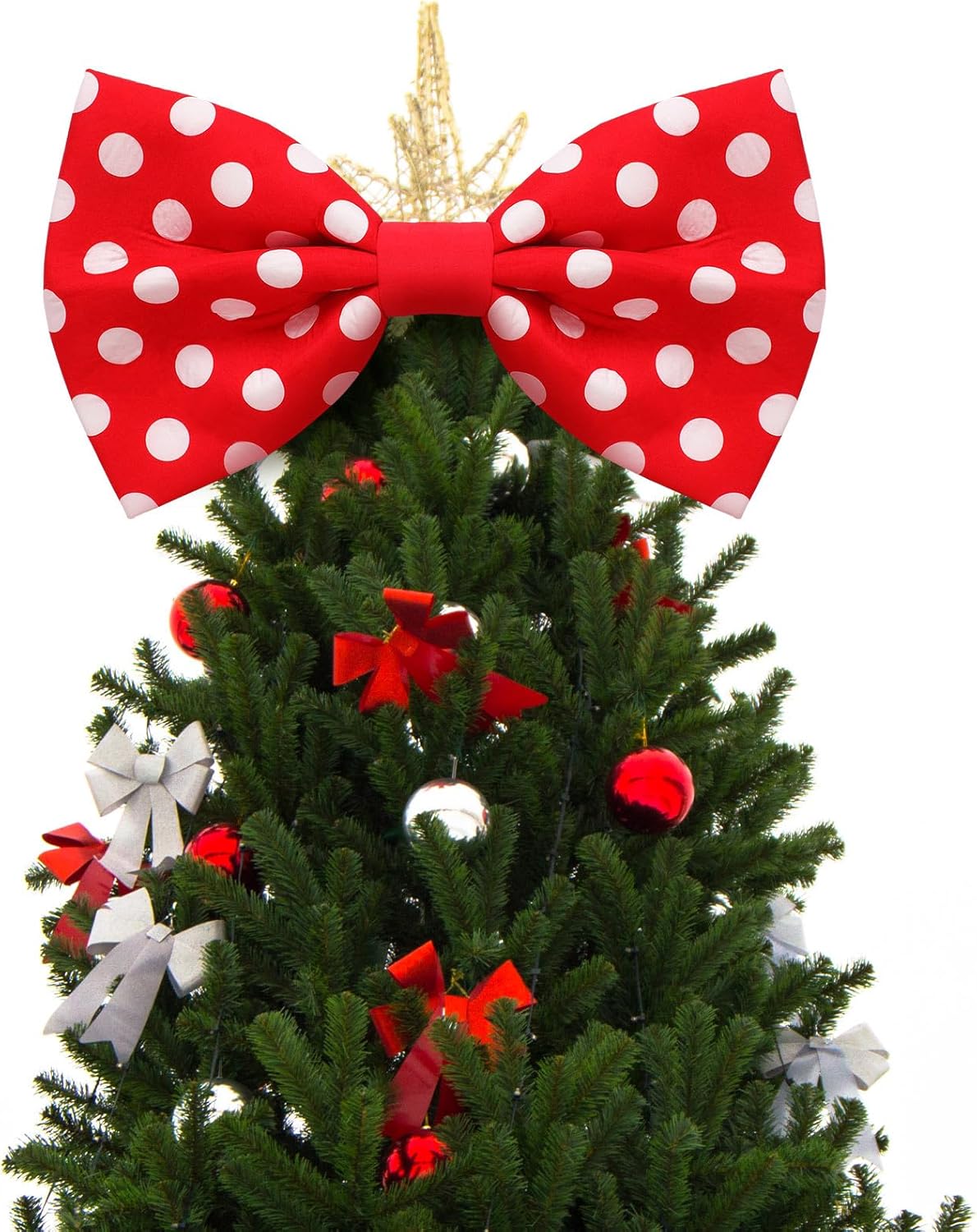 Suncalla Red and White Christmas Tree Topper Bow Tree Topper 14x8'' Large Red and White Polka-dot Bow for Indoor Outdoor Christmas Decoration Xmas Party Supplies Holiday Craft Treetop Decoration