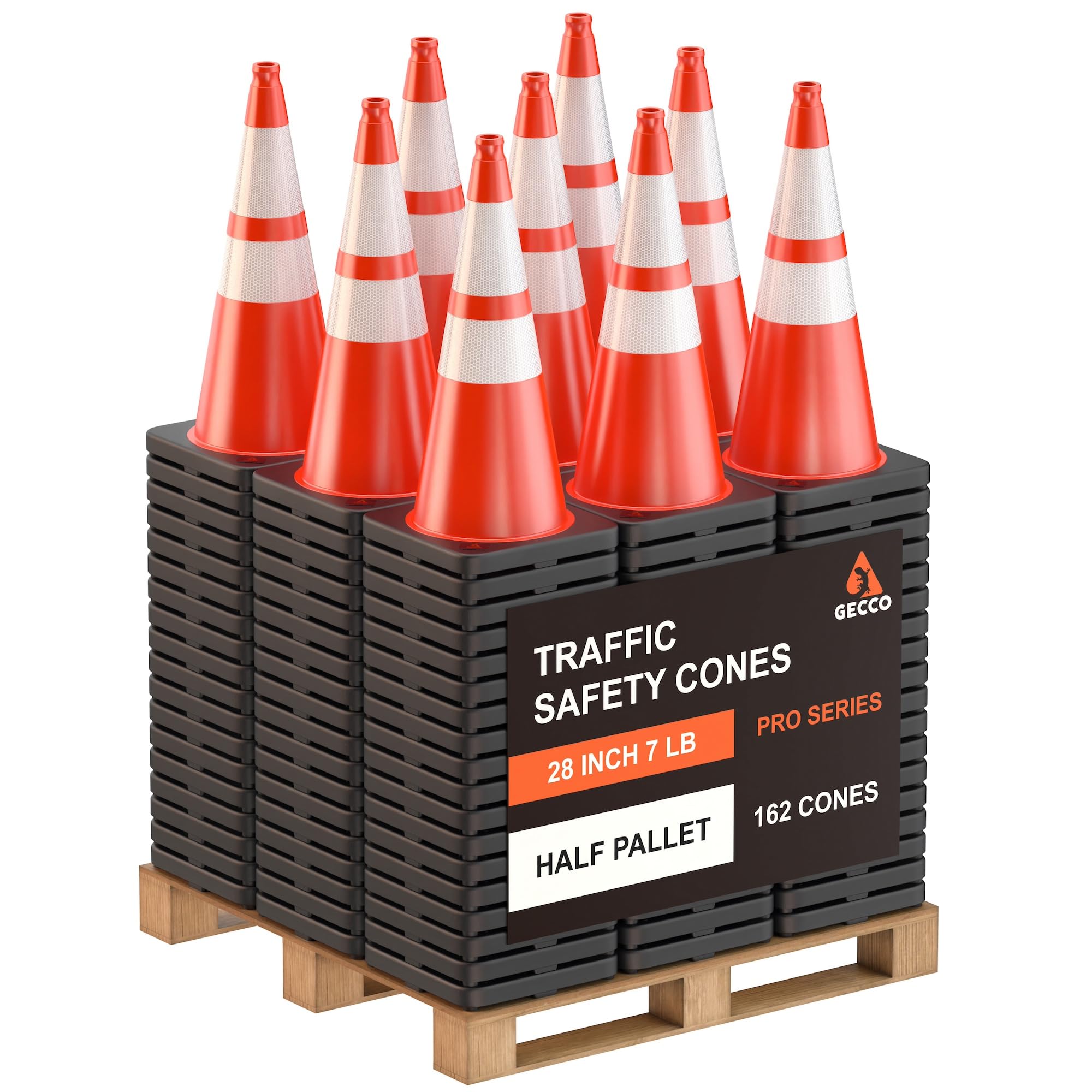 GECCO ™ (162 Cones per Pallet) 28 Inch 7 Lb Heavy Duty Orange Traffic Cones in Bulk | Durable Safety Cones, Orange Cones, Parking Cones, Construction