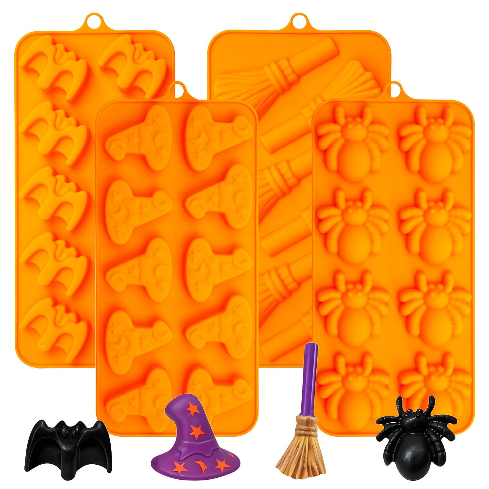 Halloween Silicone Molds for Chocolate, 4 Pack Candy Molds with Bat, Witch Hat, Broom, Spider Shapes, Orange