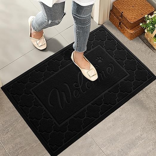 Welcome Mat, Absorbent Muddy Dirt Resist Front Door Mats Outdoor Indoor, Fade Resistant, Non-Slip Backing Entrance Mat Low Profile Doormat for Entryway, 36×24, Black