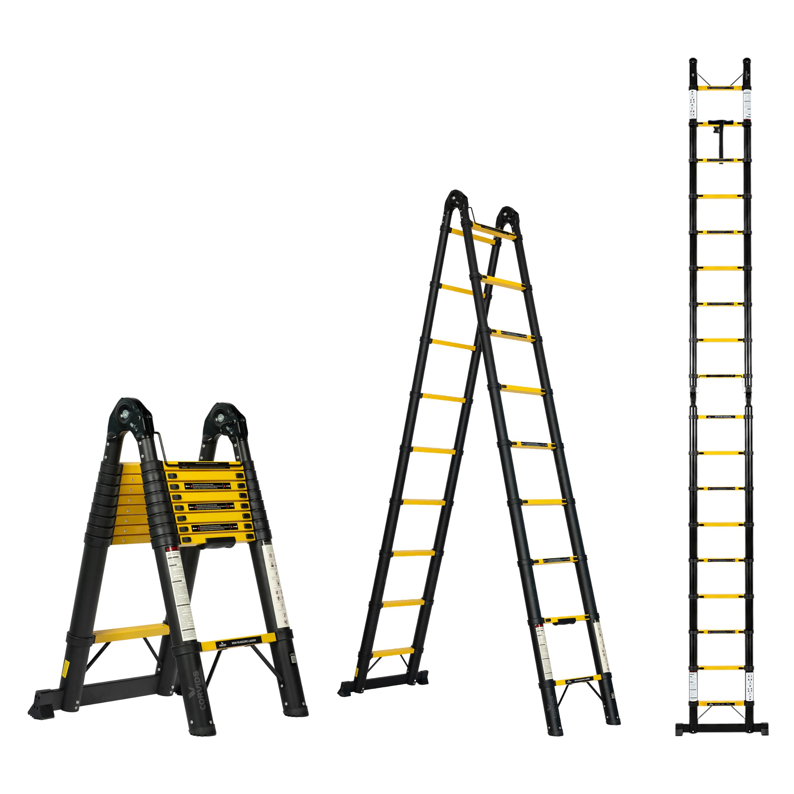 Corvids 5.6m (18.5 Ft) Foldable A-Type Carbon Steel Telescopic Ladder (18-Step), 2-Year Warranty | Heavy Duty Multi-Purpose Extension Ladder, EN131 Certified, Rustproof, 150 kg Capacity
