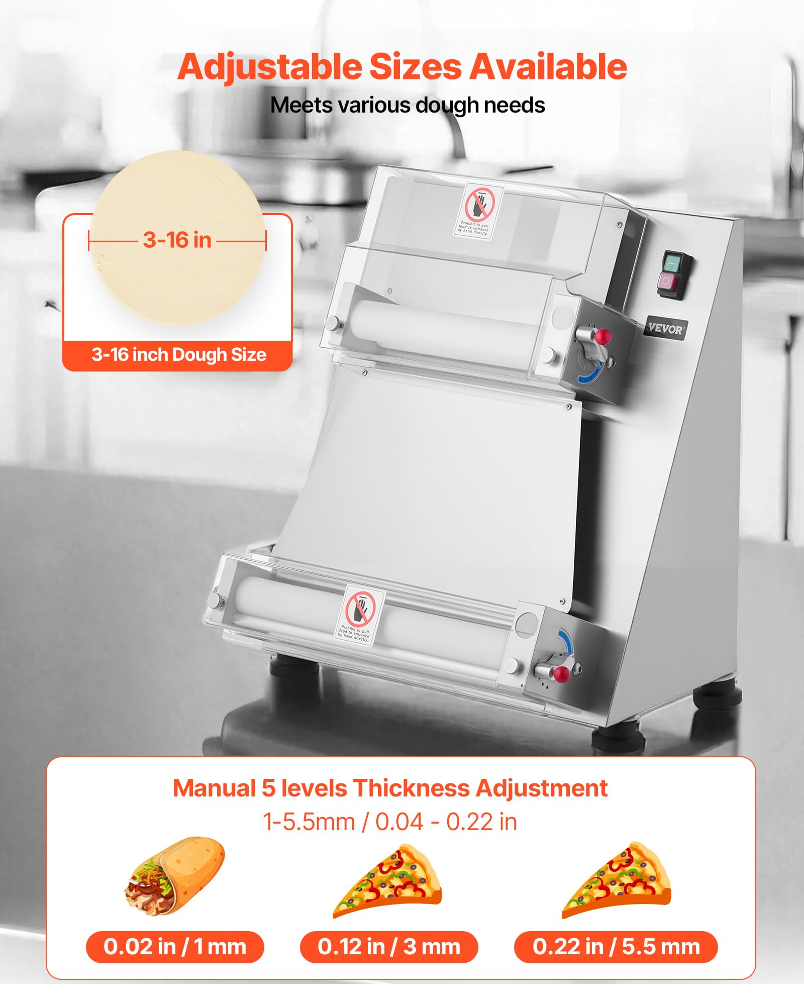 VEVOR Formeuse à pizzas 7,6-40,6 cm, presse à pâte électrique commerciale 390 W, 260 feuilles par heure, laminoir à pâte à pizza semi-automatique en acier inoxydable, épaisseur réglable avec couvercle