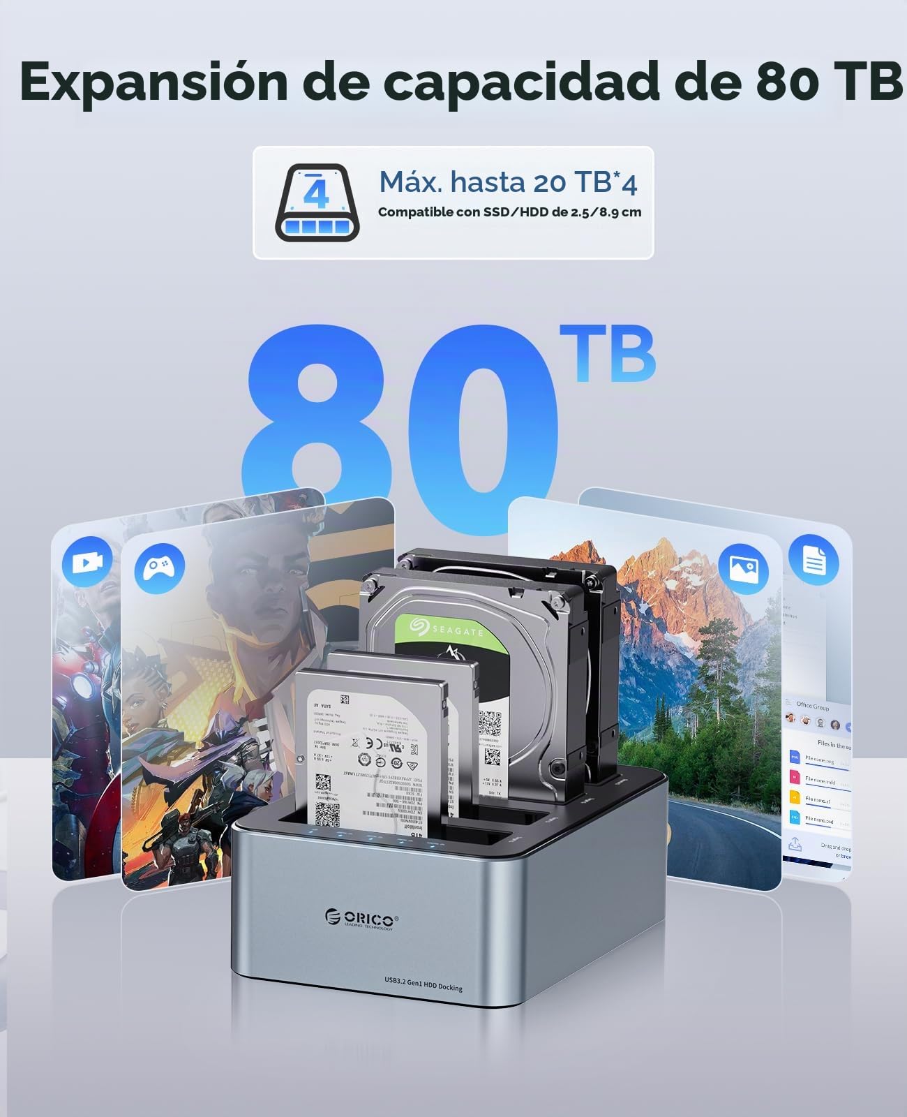 ORICO Base de Carga para Disco Duro de 4 bahías, USB 3.2 Gen 1 para SATA 2,5/3,5 Pulgadas SSD/HDD hasta 4 x 20 TB, clonación Offline, Fuente de alimentación de 12 V/6,5 A (6646C3-C)