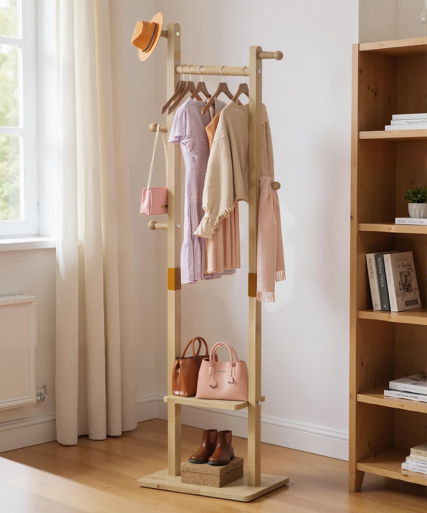 YORBAY Perchero de madera de pie: Burro Ropa con 2 estantes, 5 ganchos y 1 barra, ideal para guardar ropa, sombreros, chaquetas y bolsos, ideal para sala de estar Recibidor Dormitorio