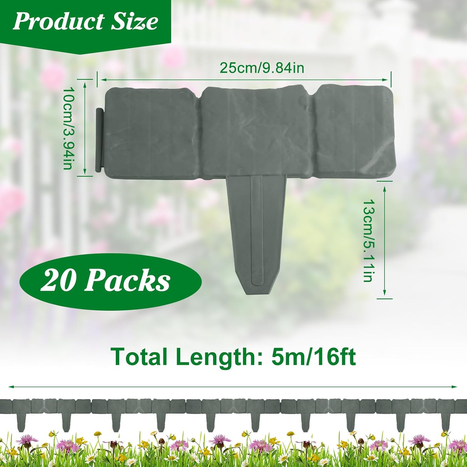 20Pcs Garden Edging No Digging, 16ft Plastic Landscape Edging Border, Cobbled Stone Effect Garden Fence Border for Lawn Flower Bed Yard