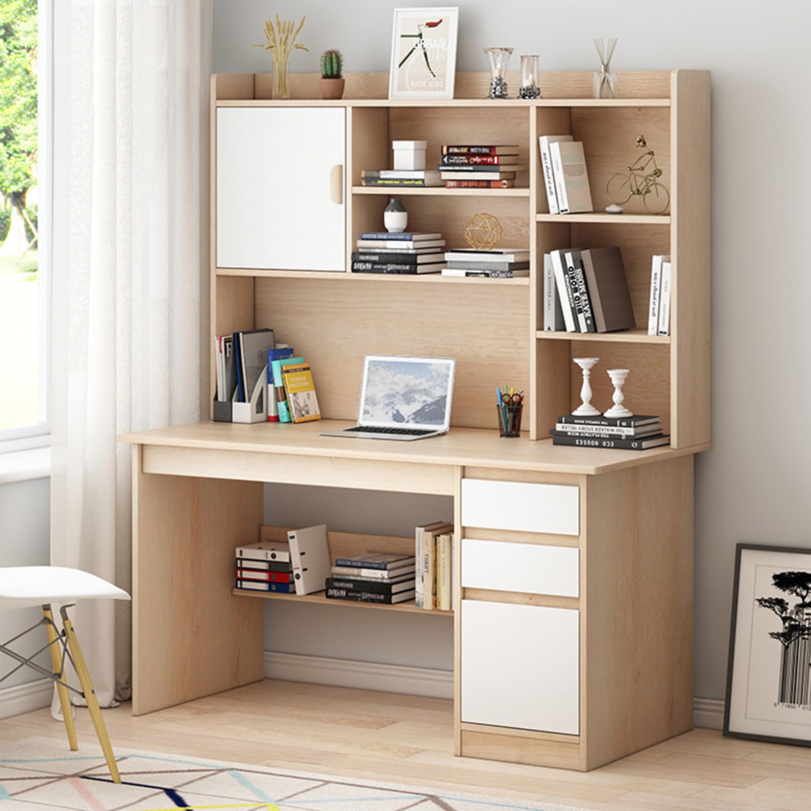 MESCXTY Wooden Computer Desk with Bookshelf and Hutch, Large Home Office Writing Drawer Storage Shelf, Modern Laptop PC Desk,Space-Saving Workstation for Living Room Bedroom
