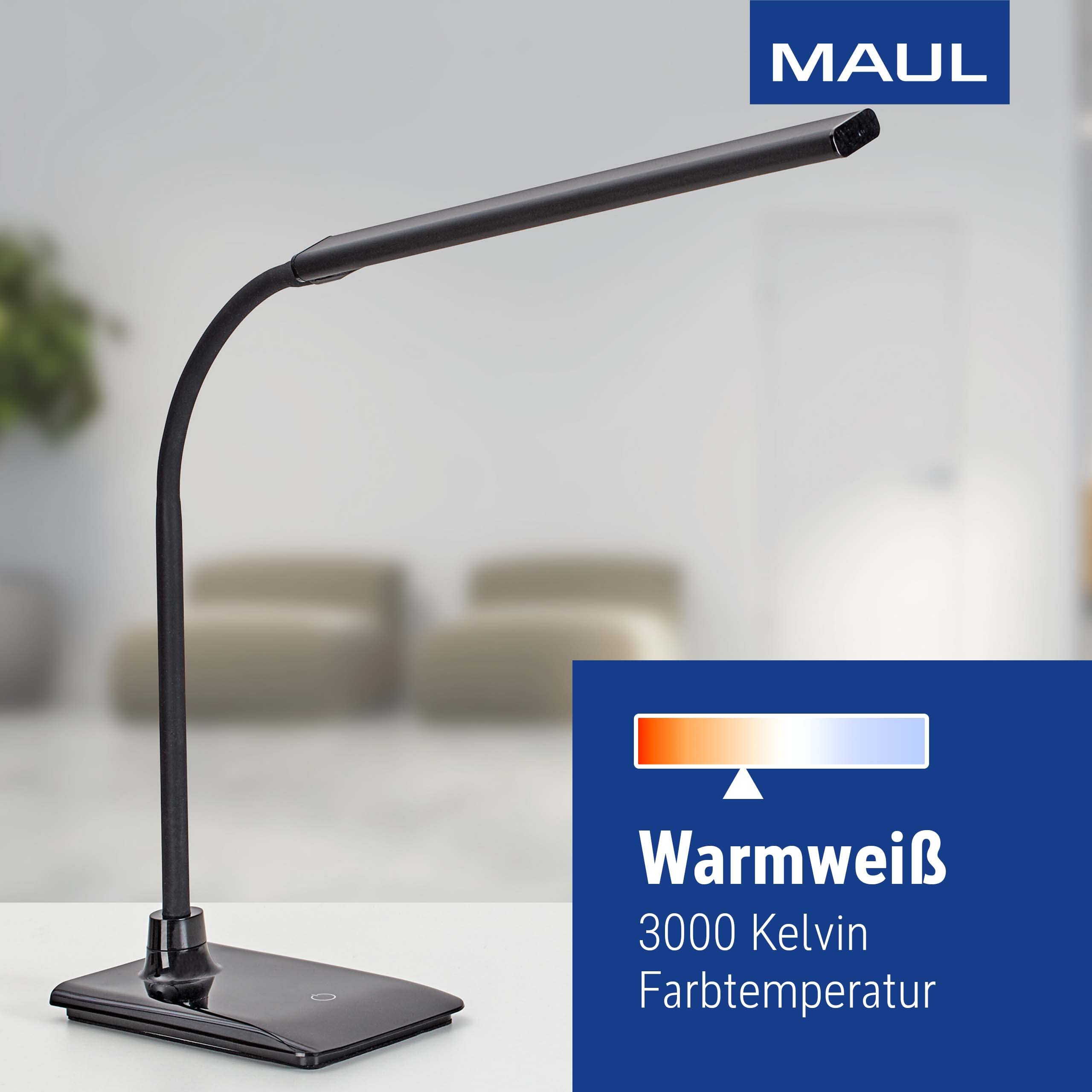 MAUL Lampa biurkowa LED MAULpirro czarna ściemniana z podstawą | przyjemne ciepłe światło, 4 poziomy jasności, intuicyjny panel dotykowy, regulowany kąt świecenia, stabilna stopa
