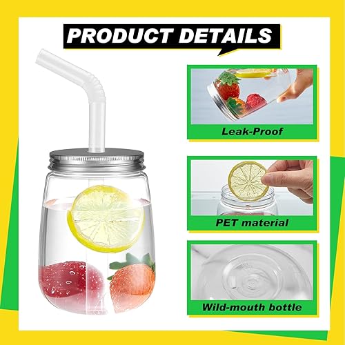 Miniatura 3 de Paquete de 24 tarros de plástico de 17 onzas con tapa y pajitas, tarro de jugo reutilizable con tapas de aluminio, tarro Mason transparente PET para