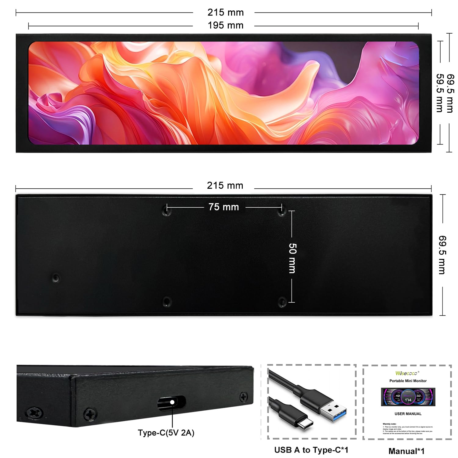 7,84-Zoll-Mini-Monitor HD IPS 1280x400 Zweitbildschirm mit gestrecktem Balken-LCD-Display für Laptops Geschwindigkeit, Temperatur, für Windows 10/11 Only, Kompatibel mit AIDA64 (Drittanbieter)