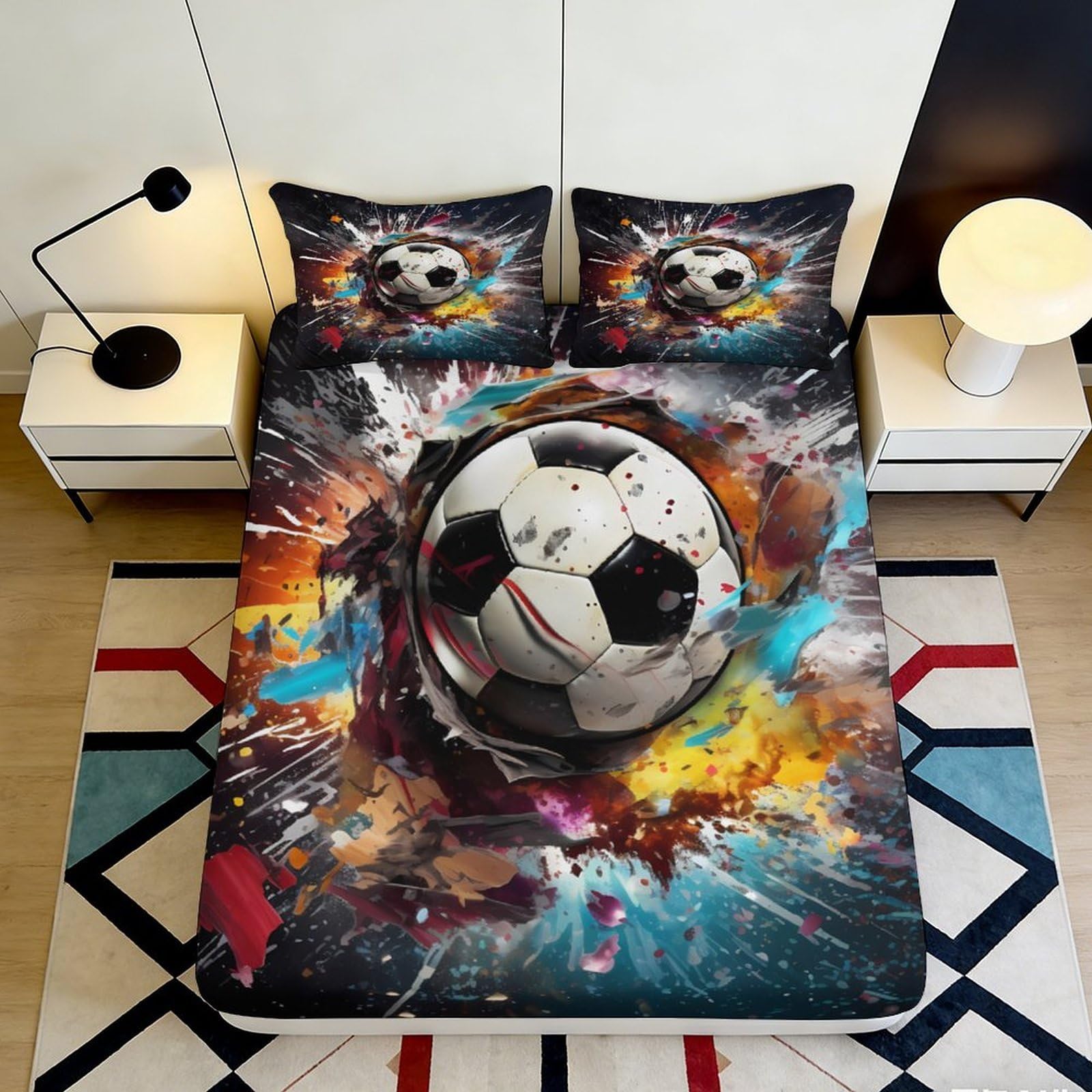 3D Printed Football Fitted Sheet Microfiber Deep Pocket Elastic Hem Football Mattress Fitted Cover Bedroom Bedding 140x200x25cm