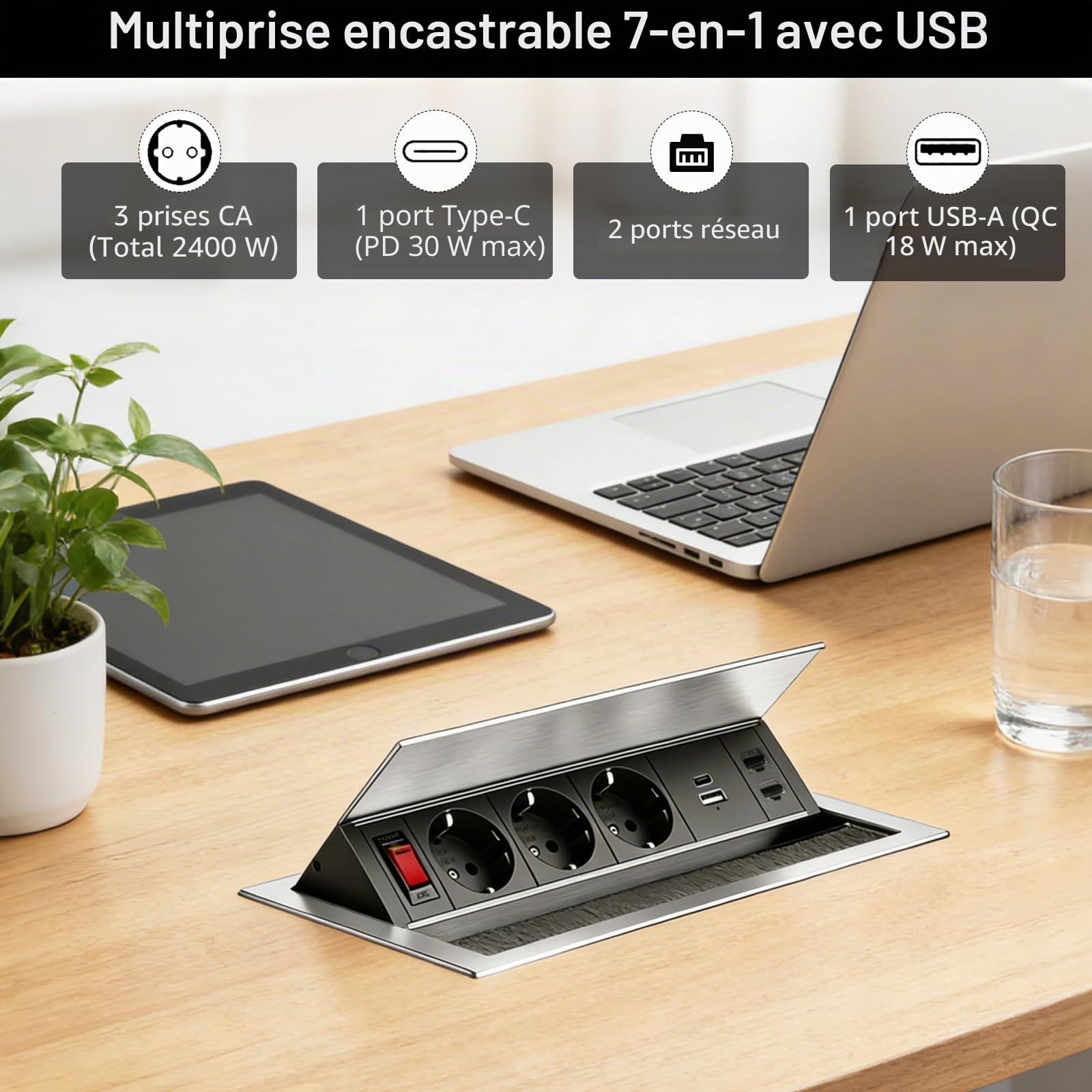Multiprise Encastrable, Aluminium Prise Encastrable 3 Prises avec Types C, USB et 2 CAT6, Bloc Prise Escamotable avec Interrupteur pour Cuisines Bureaux Salle de Réunion, 1.8M Câble