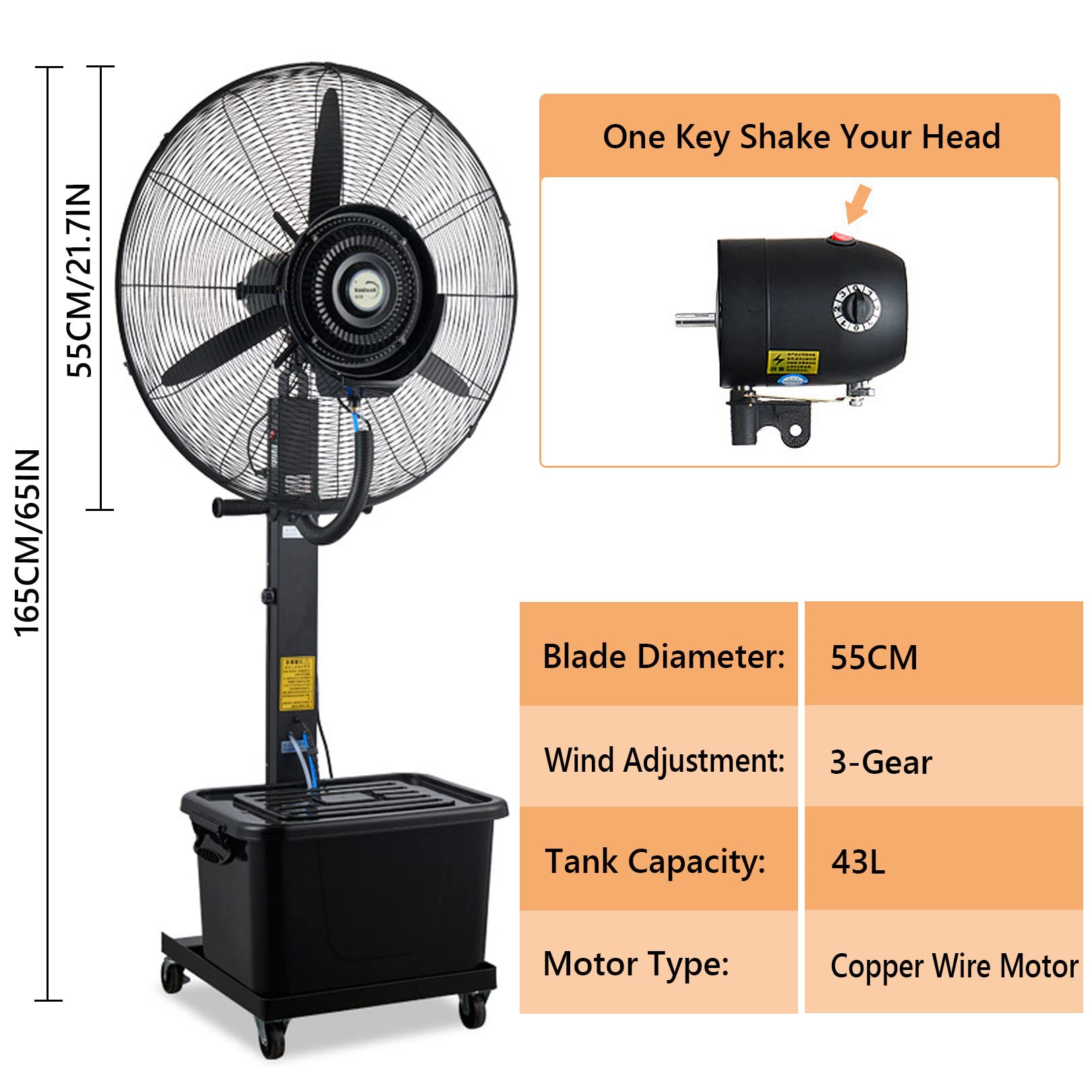 Genérico Ventilador nebulizador oscilante de 90°, Ventilador de Pedestal Industrial para refrigeración, depósito de 43 L, 3 velocidades, refresca tu Taller, Garaje, Granero o Espacio de Trabajo.