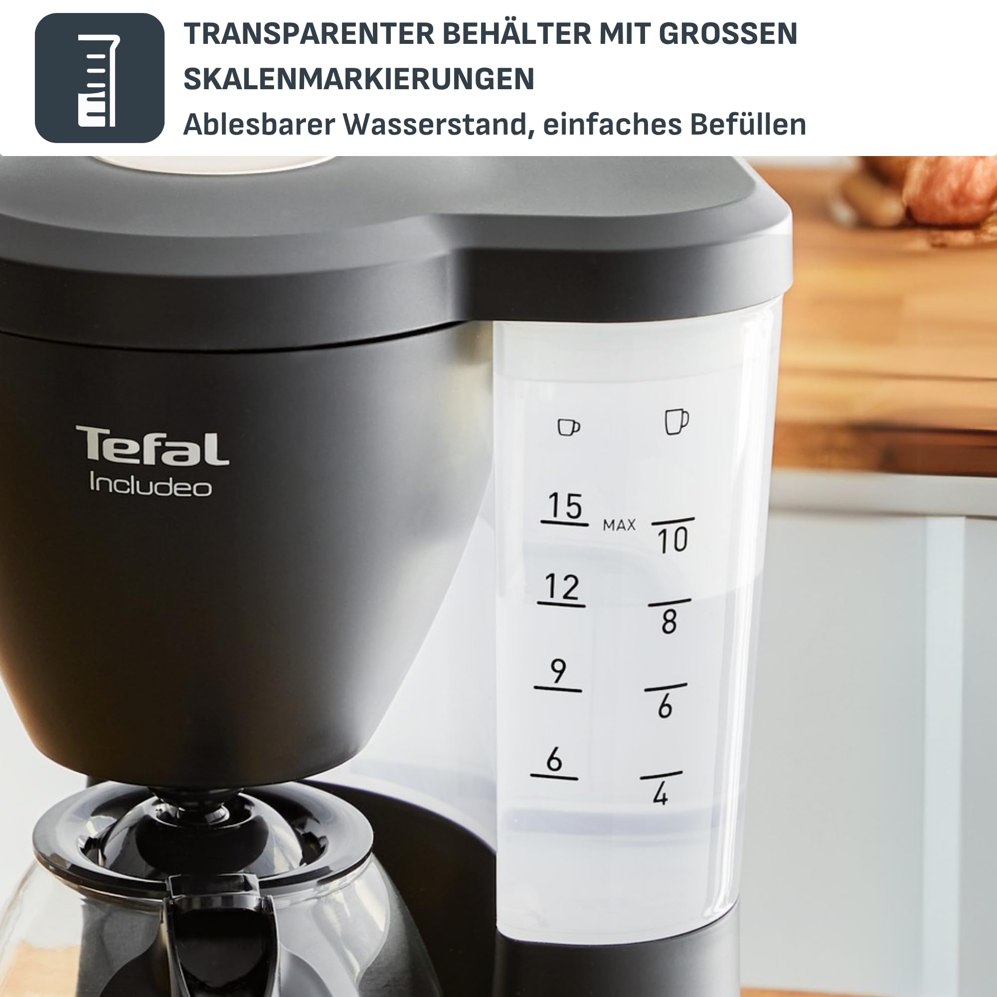 Tefal Includeo Filterkaffeemaschine, extrem einfach zu bedienende Kaffeemaschine, geeignet für Rechts- und Linkshänder, automatische Deckelöffnung, 1,25 l, 10 bis 15 Tassen, CM533811