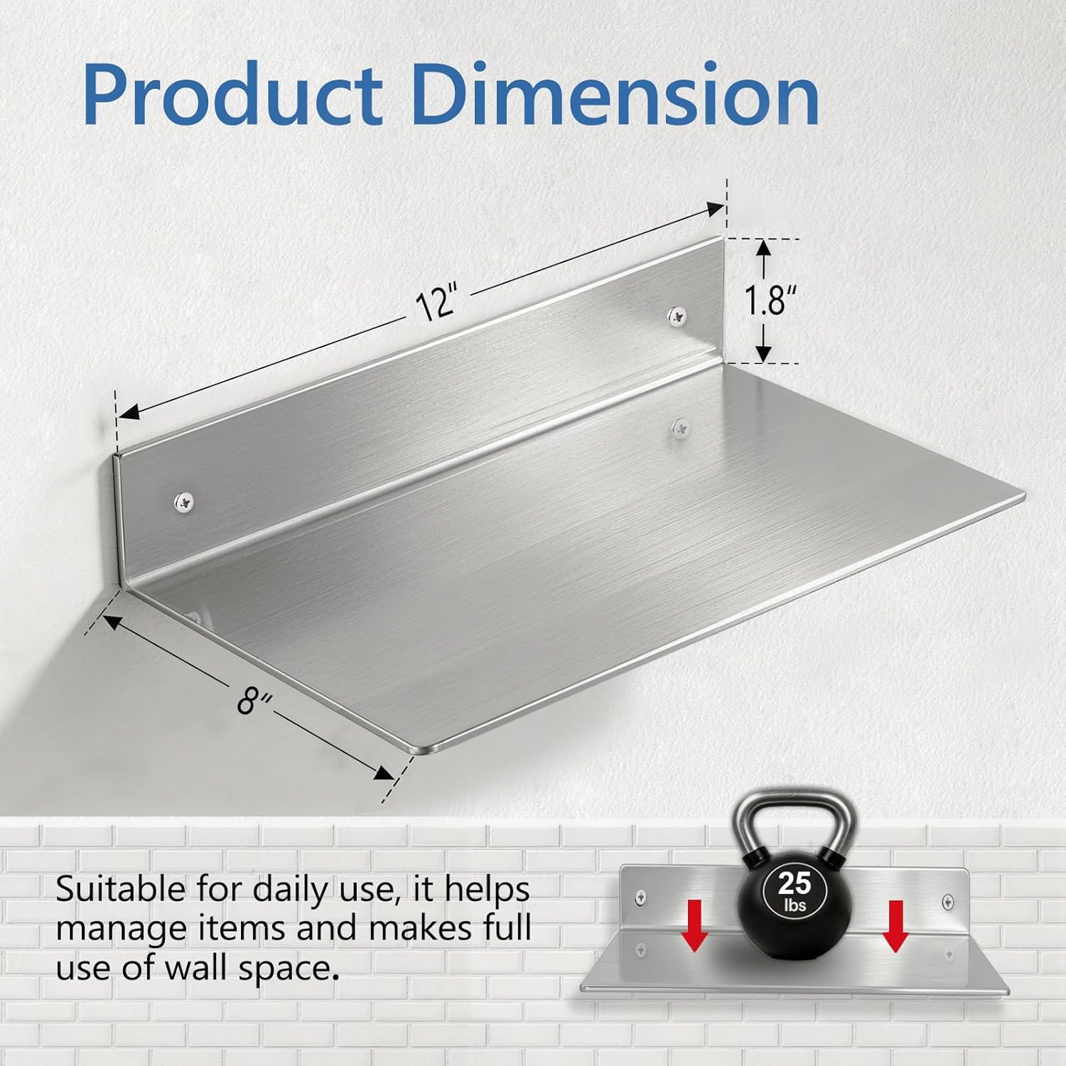 Brushed Nickel Stainless Steel Floating Shelves Wall Mounted Metal Shelf Heavy Duty Picture/Photo/Plant Display Ledge, Linear Floating Shelf Modern Farmhouse Shelf (12"x8")