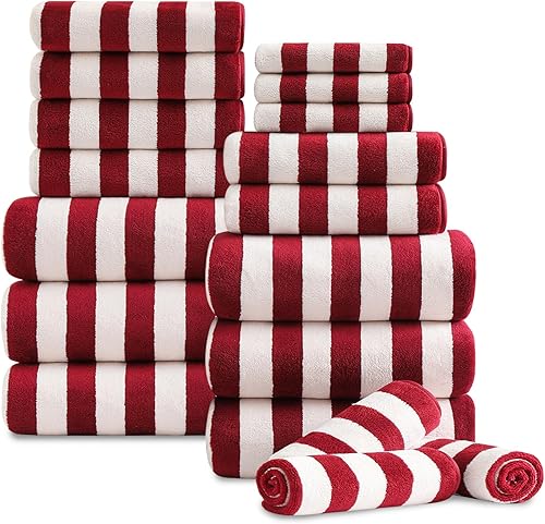 Vista 12 de Juego de 18 toallas familiares a rayas blancas y negras, 6 toallas de baño, 6 toallas de mano, 6 toallas de baño suaves jumbo, toallas de baño Negro