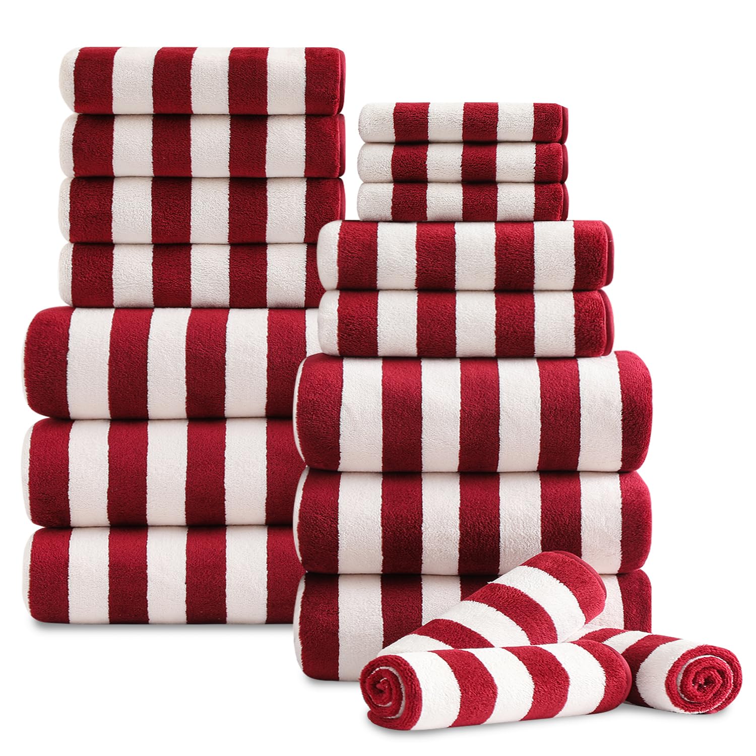Photo 1 of 18 Pcs Red Stripe Bath Towel Set with Hanging Loop-6 Bath Towels,6 Hand Towels,6 Washcloths Soft Family Towels Set Bathroom Towel Highly Absorbent Quick Dry Shower Towel for Beach Chair Spa Gym Hotel