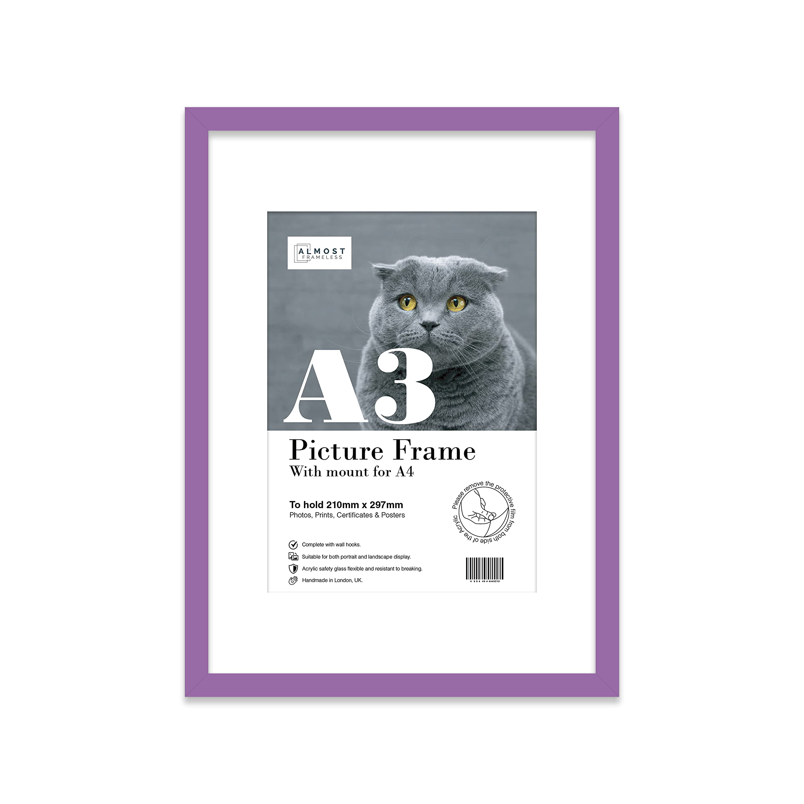 Almost Frameless A3 Purple Picture Frame With White Mount for A4 (21 x 29.7cm -8.3 x 11.7in) Print, Photo, or Poster. Portrait and Horizontal Wall Hooks