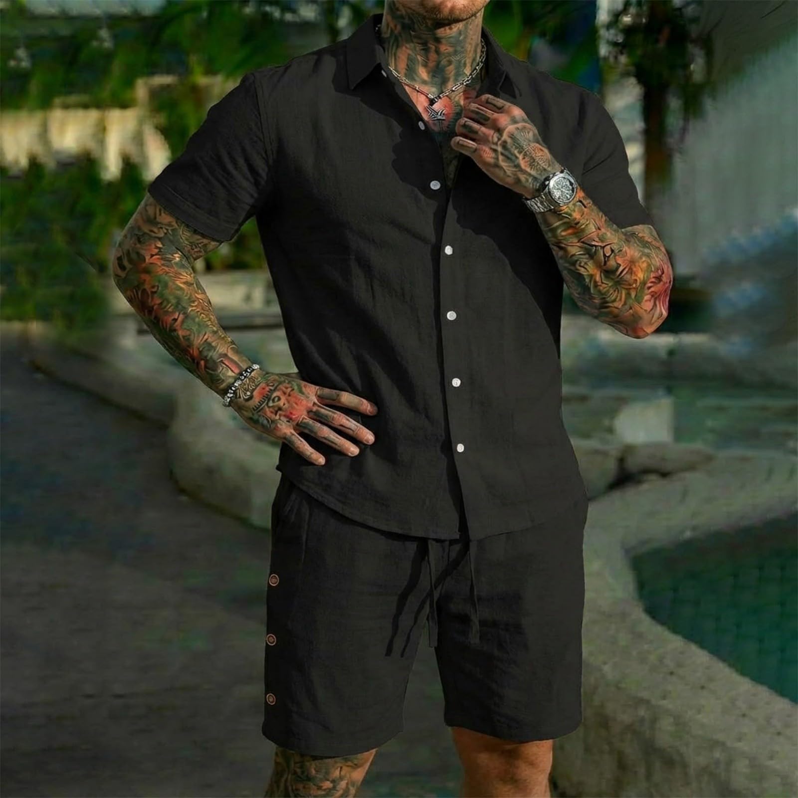 Conjunto de camisa y pantalones cortos de algodón y lino para hombre, conjunto de 2 piezas, ropa casual de verano, vacaciones, playa, boda, trajes de manga corta con botones y pantalones cortos