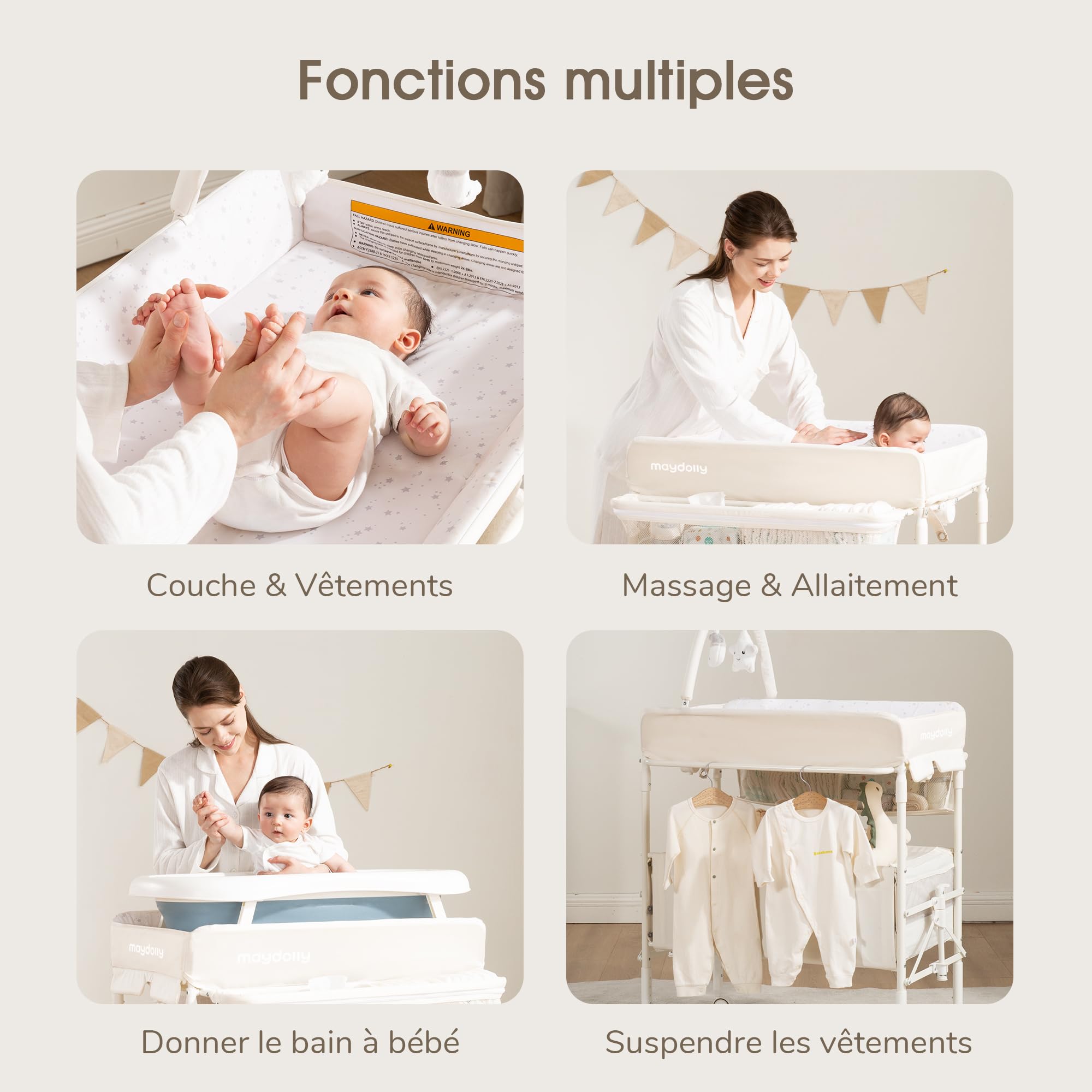 Maydolly Table à Langer Bébé Pliante avec Roulettes - Hauteur Réglable, Plan à Langer Mobile avec Matelas Imperméable & Grand Rangement, Structure Stable pour Nouveau-né, Beige
