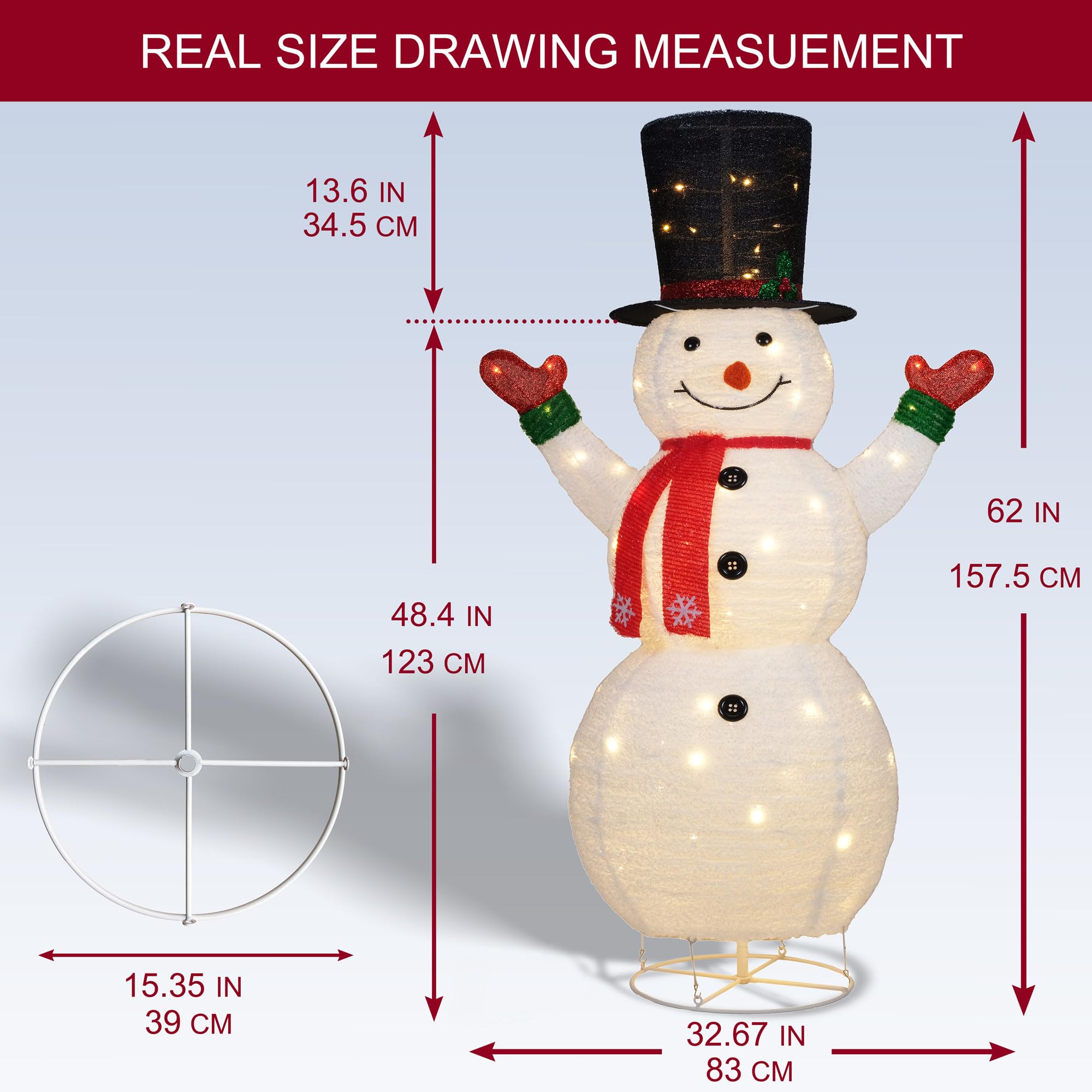 YULETIME Bonhomme de neige 3D pré-éclairé de 152,4 cm avec 100 LED blanc chaud
