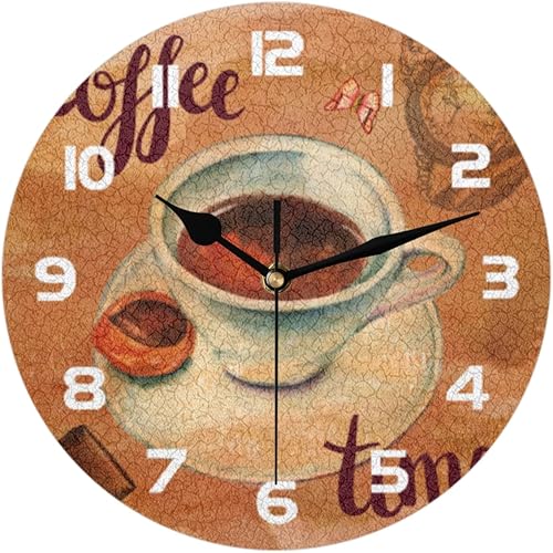 AUUXVA Reloj de pared con cita de hora de café, silencioso, sin tictac, reloj de pared redondo con mariposa café vintage, funciona con pilas, para