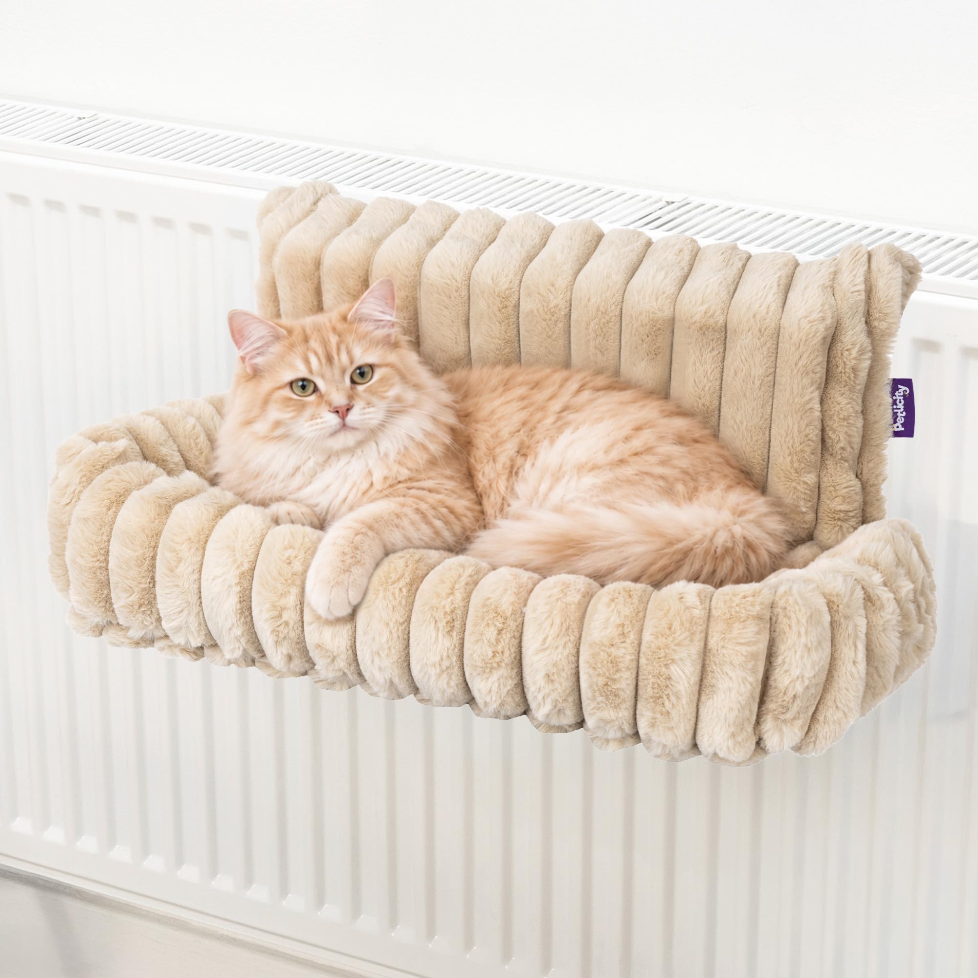 Petlicity Snuggle Padded Cat Radiator Bed - Striped Faux Cover Hanging Cat Bed with Foldable Iron Frame - Machine Washable Cover Hammock Bed for Cats, Kittens, Radiators (Beige)