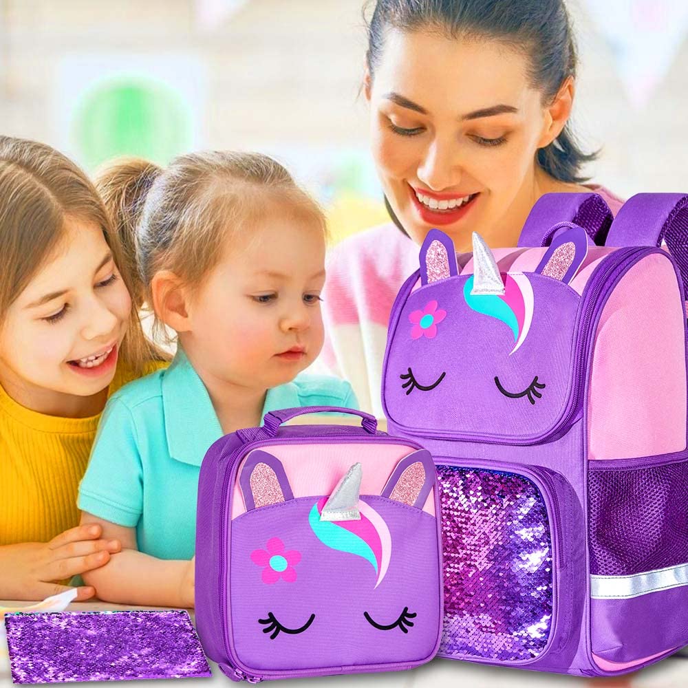 KLFVB Plecak dla dziewcząt i chłopców, 38 cm, jednorożec, dinozaur, torba na książki z pudełkiem na lunch, torba szkolna dla dzieci w wieku przedszkolnym