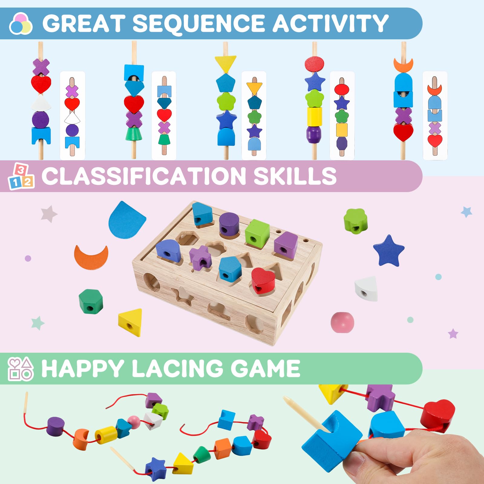 Juego de juguetes de secuenciación de cuentas de madera Montessori 3 en 1, clasificación de colores, apilamiento, formas geométricas, juego de cuentas de secuenciación, juguete de secuenciación 3