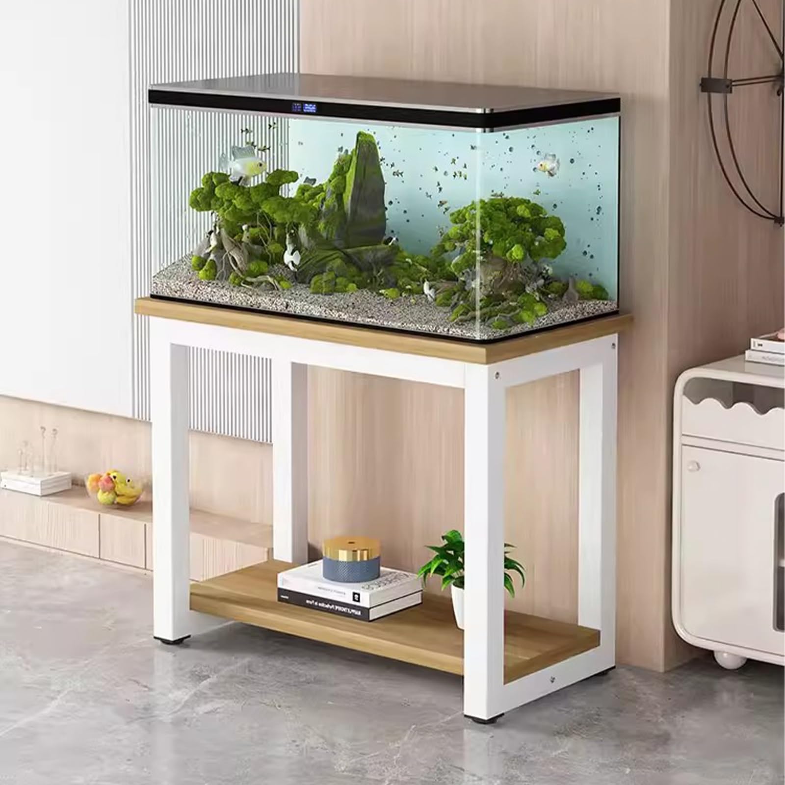 Support d'aquarium fer forgé anti-vibration base métal stable noyer clair