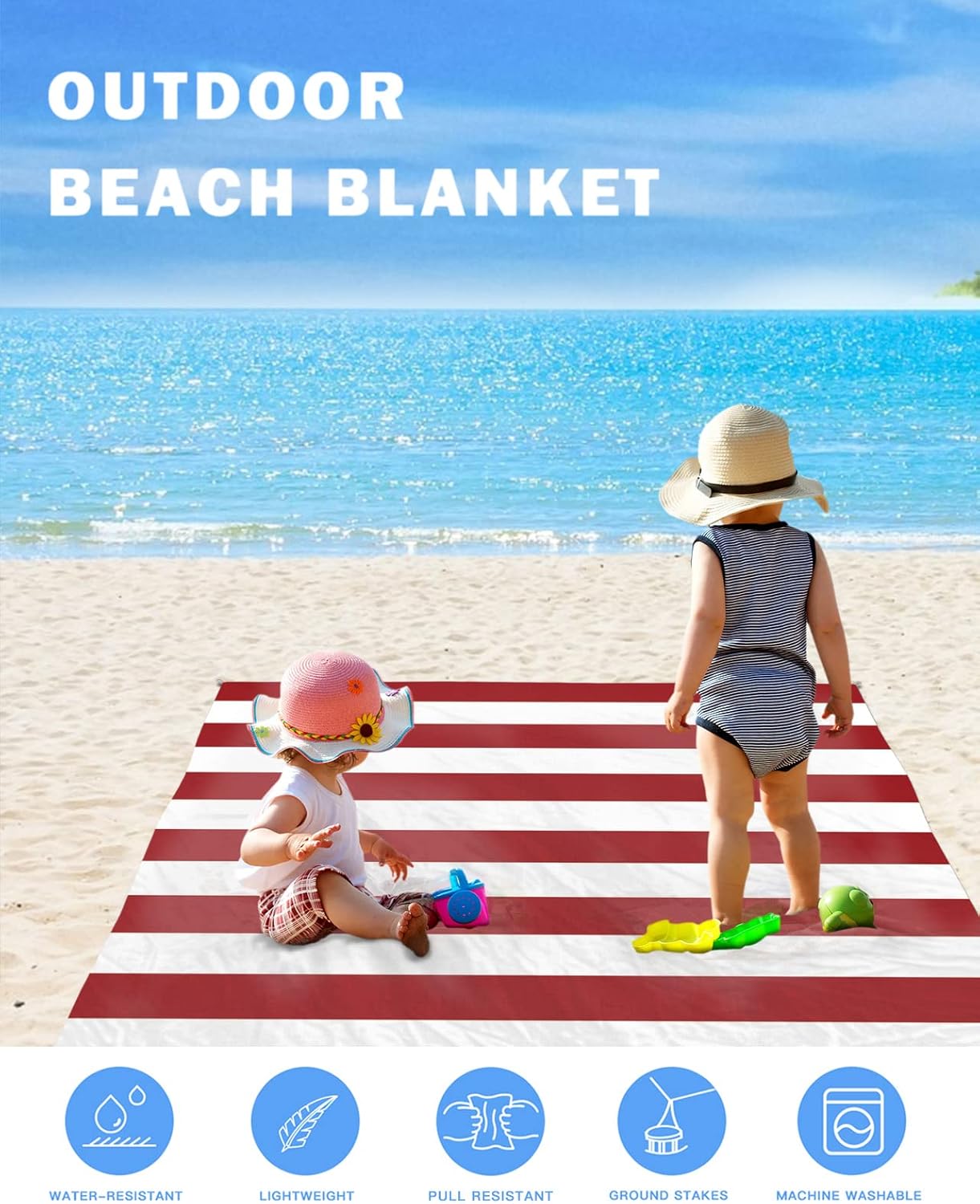 Christmas Stripes Beach Blanket Waterproof Sandproof Outdoor Picnic Mat 108"x84" Red and White Lightweight Large Beaach Blankets with 4 Stake & 4 Corner Pockets