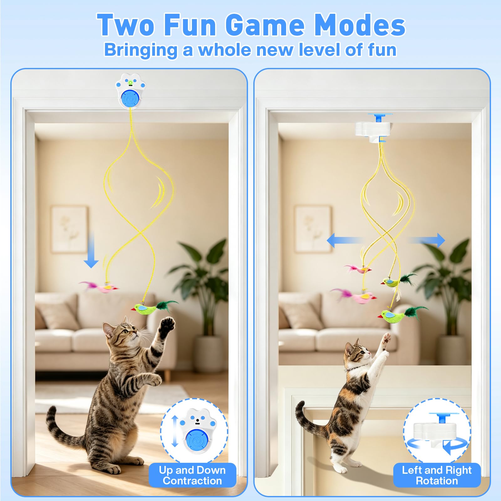 DoubleCare Juguetes interactivos para gatos de interior, juguete automático de plumas de pájaro volador para gatitos aburridos y gatos adultos, manos libres o de mano, azul