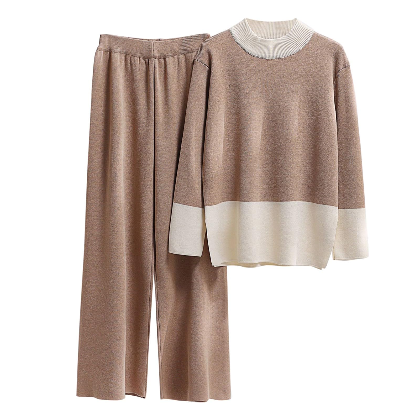 Generico Completi di Lana da Donna Eleganti Tute in 2 Pezzi Maglia Polsino Elastico Completo Pullover Top Girocollo e Pantalone a Gamba Larga in Vita Tuta Sportiva Invernale Coordinato Lavorati Curvy