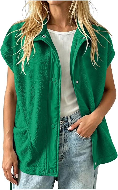 Chaleco de forro polar sin mangas para mujer campera ligera con botones a presión